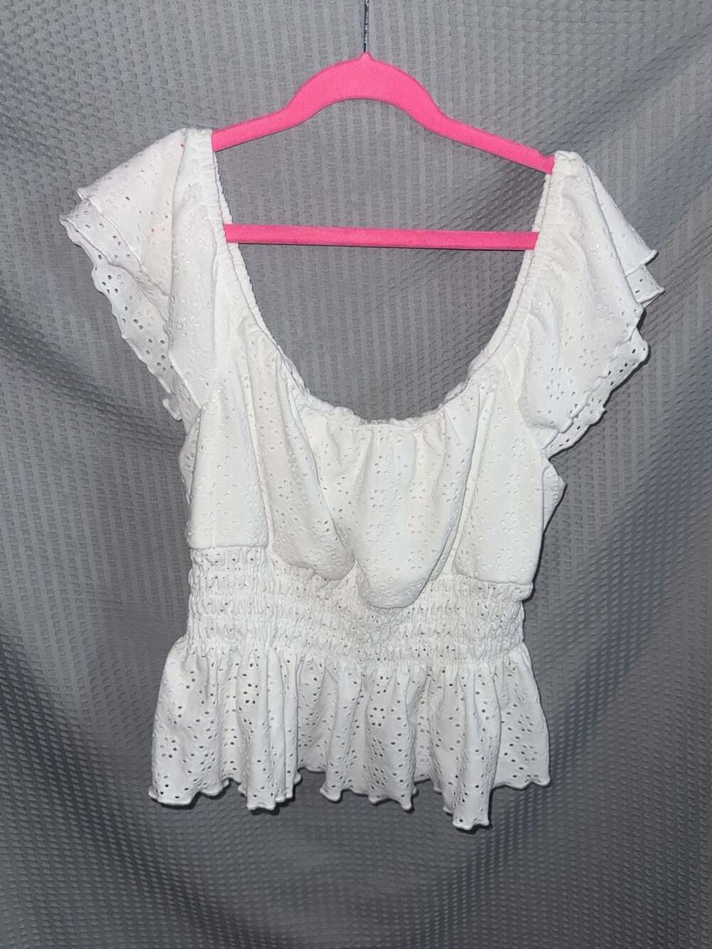 Kirious Los Angeles White Eyelet Smocked Peplum Milkmaid Top